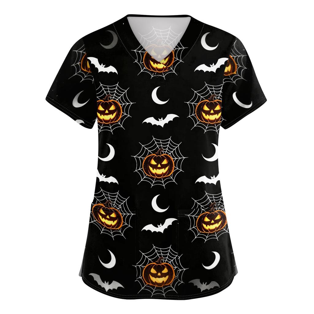Women V Neck Halloween Print Short Sleeve Medical Scrub Top with Pocket Side Slit Design Comfortable Fit Workwear