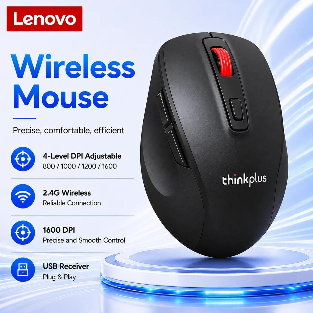 Lenovo Thinkplus M30 2.4G Wireless Mouse, 6 Buttons 4 Adjustable DPI Up to 1600, Ergonomic Plug & Play Office Mice for Windows Mac Laptop PC