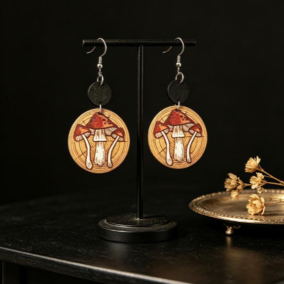 Retro Geometric Mushroom Wood Earrings