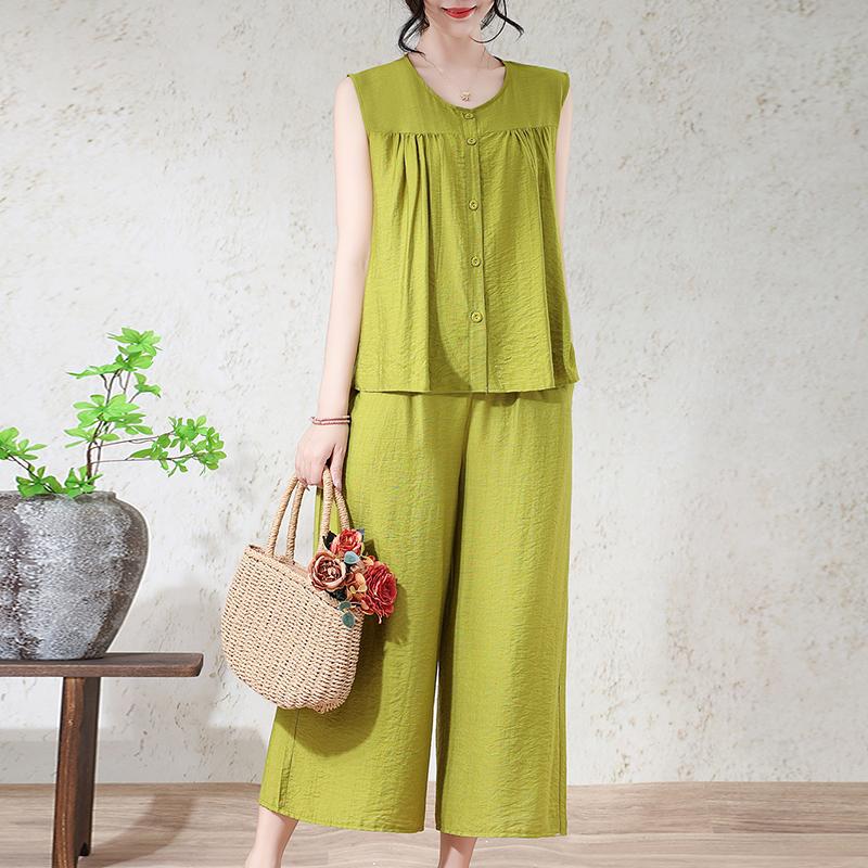 Women's Plus Size 2-Piece Set, Linen-cotton Sleeveless Button Top & Wide Leg Pants (XL-7XL)