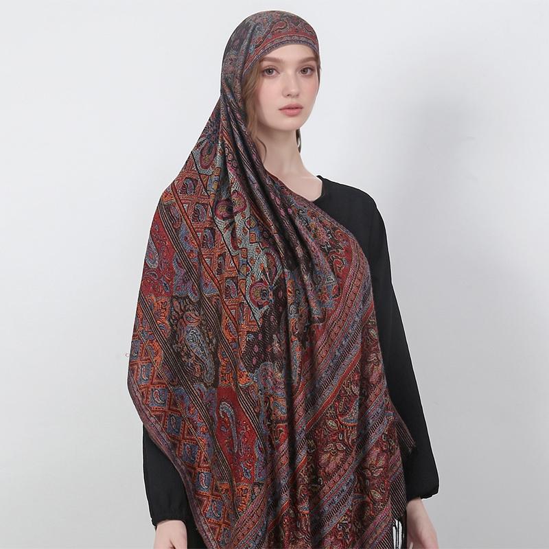 Muslim Women Hijab Scarf Jacquard Shawl Tassels Thick Windproof Ethnic Style Arabia Female Wrap Designer Luxury Headband
