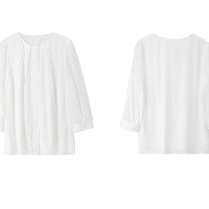 Fashion Round Neck White Chiffon Shirt Women Temperament Office Lady Solid Casual Blouses Tops Summer Seven Quarter Sleeve Elegant Female Shirts 26065