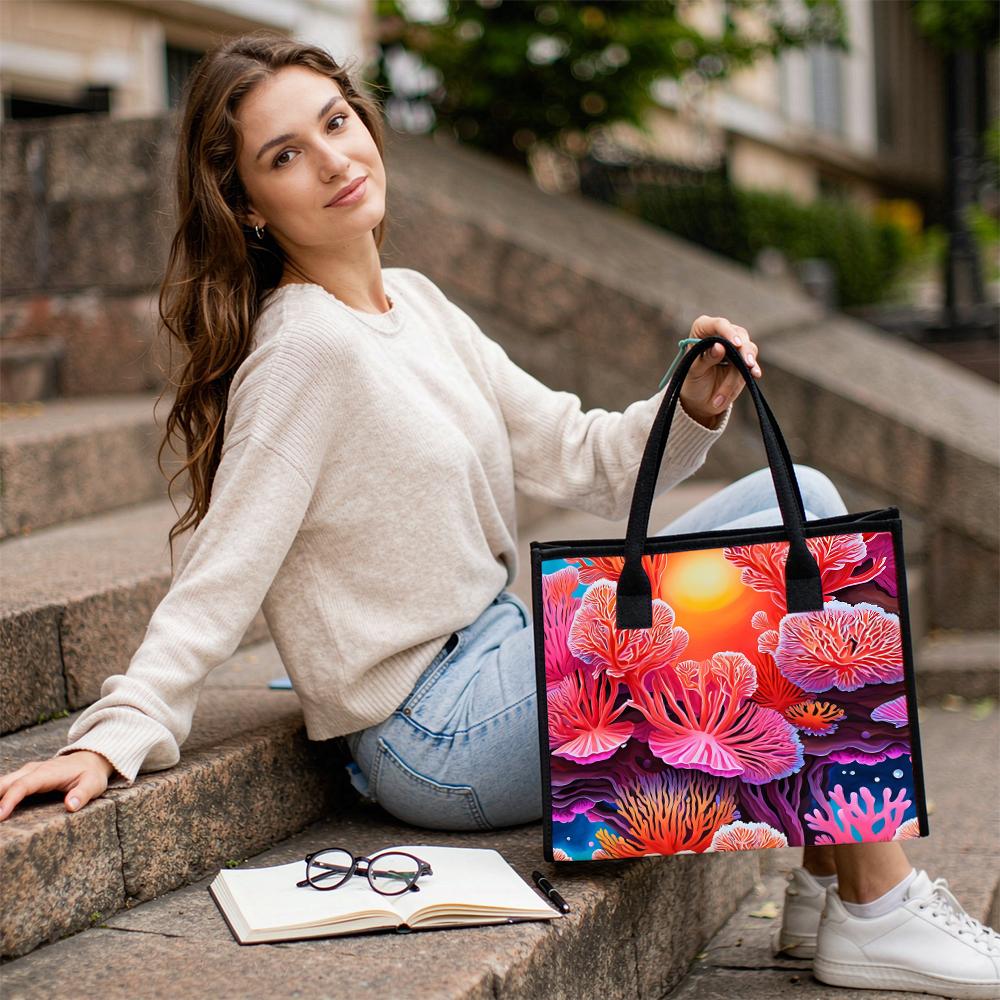 Vibrant Coral Print Tote Bag Fashionable Portable Daily Use Casual Carry Bag for Women