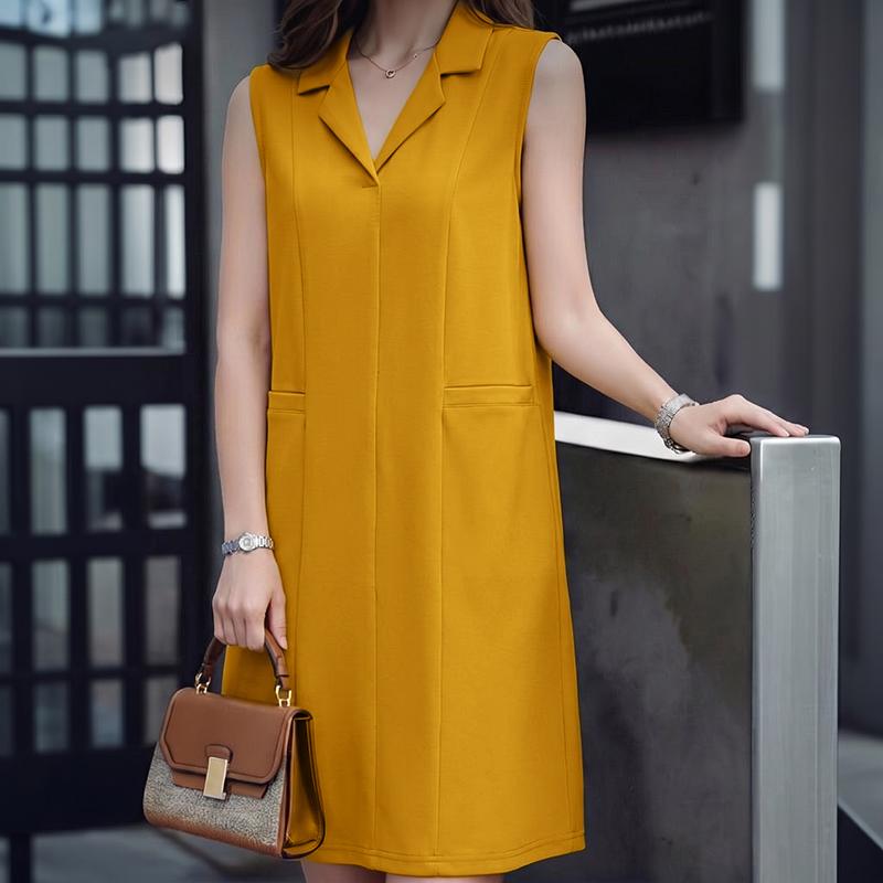 ZANZEA Women Casual Turn Down Collar Solid Color Loose Sleeveless Dress M жёлтый