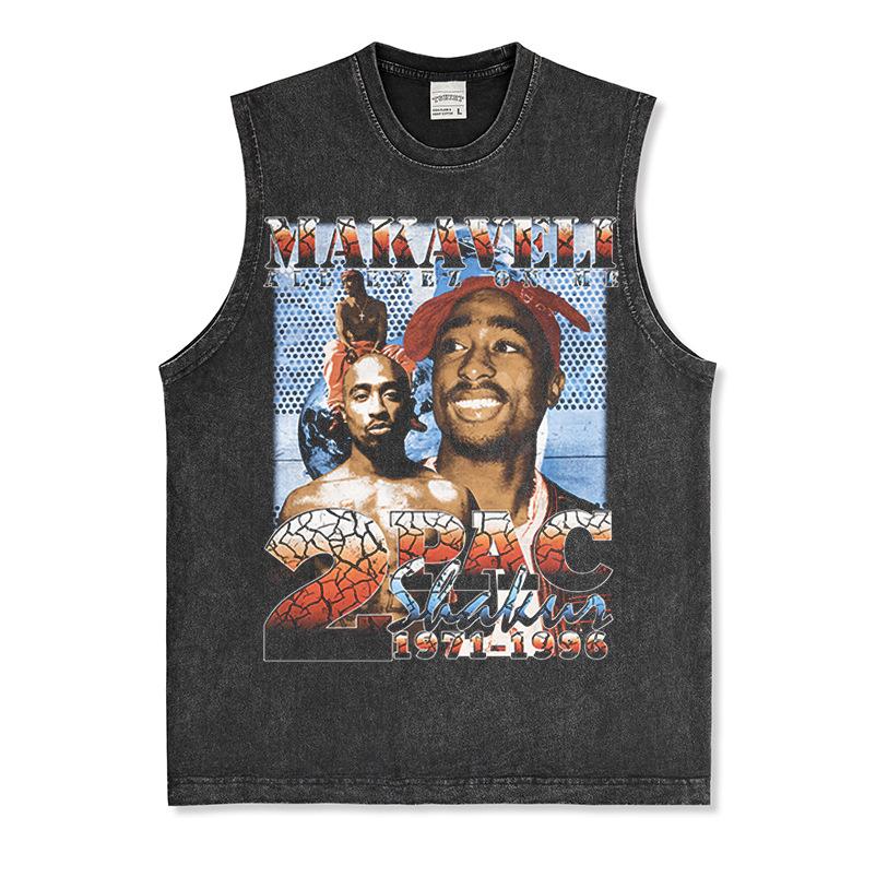 Canotta Senza Maniche Tupac Grafica Retro High Street Cotone Pesante