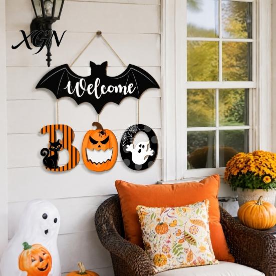 Wall Hanging Party Decoration Halloween BOO Door Sign, Spooky Bat Welcome Wooden Ghost Pumpkin Rustic Board Black Cat Hanger Ornaments for Front
