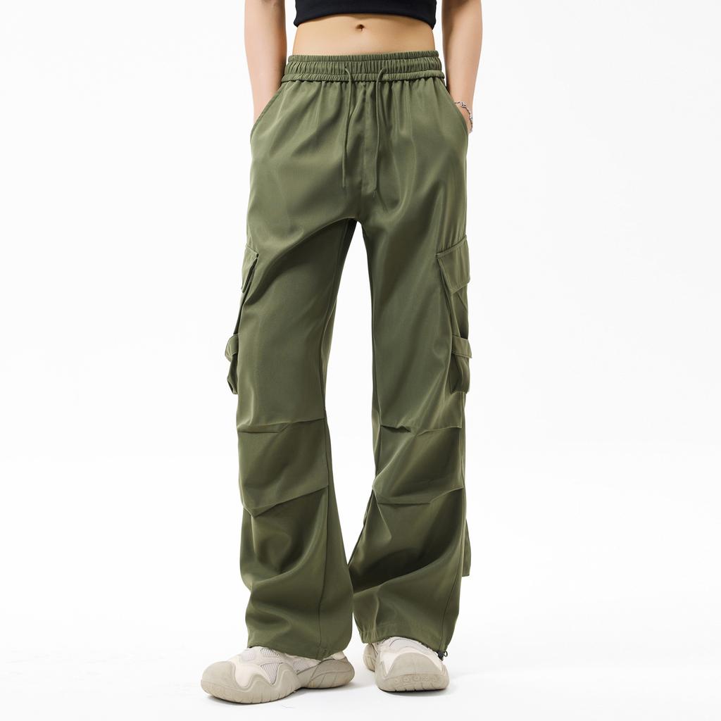 Women's Overalls Casual Lightweight Solid Color Trousers Drawstring Multi-Pockets Straight Leg Pants