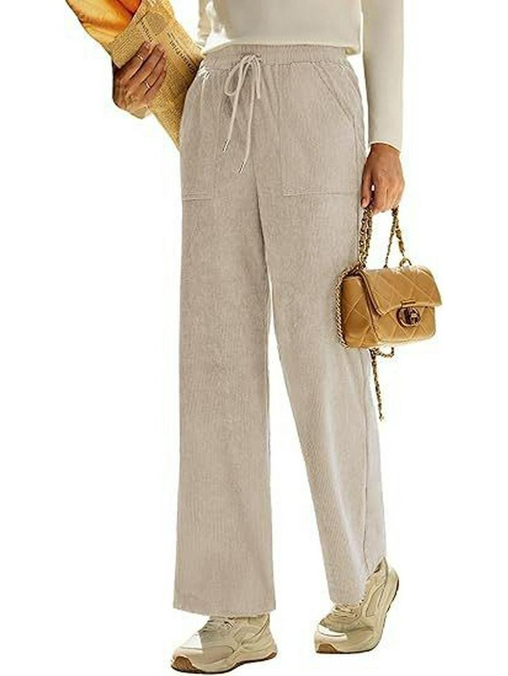 2026 High Waist Lace-Up Corduroy Barrel Pants with Pockets - Wide Leg, Casual, Elastic Long Pants