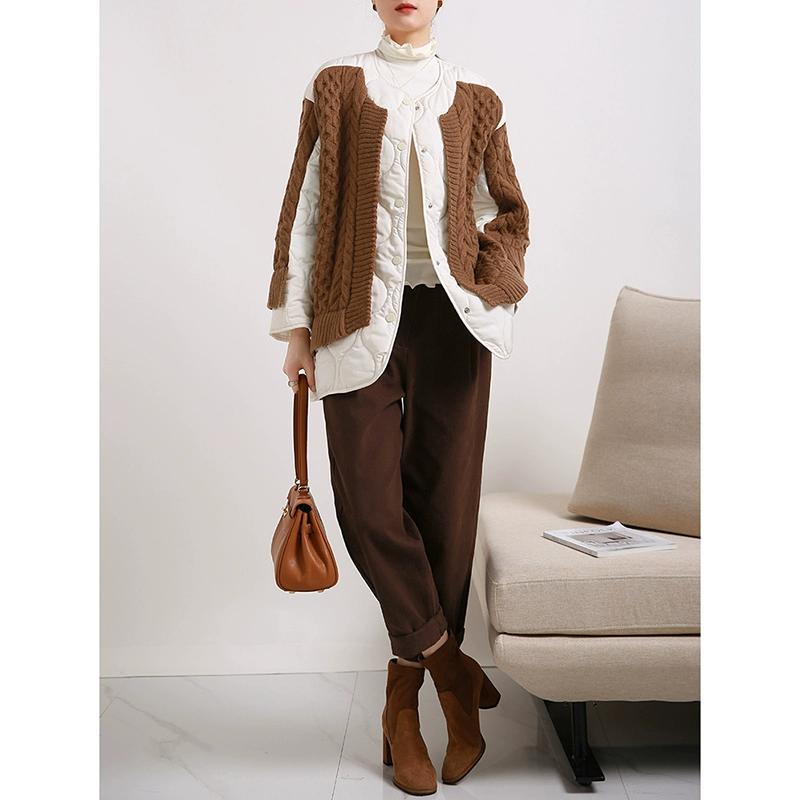 Dimanaf 2025 Winter Women Sweaters Jacket Patchwork Wadded Buttons Coat Knitting Fake Two-Piece Loose Sweater