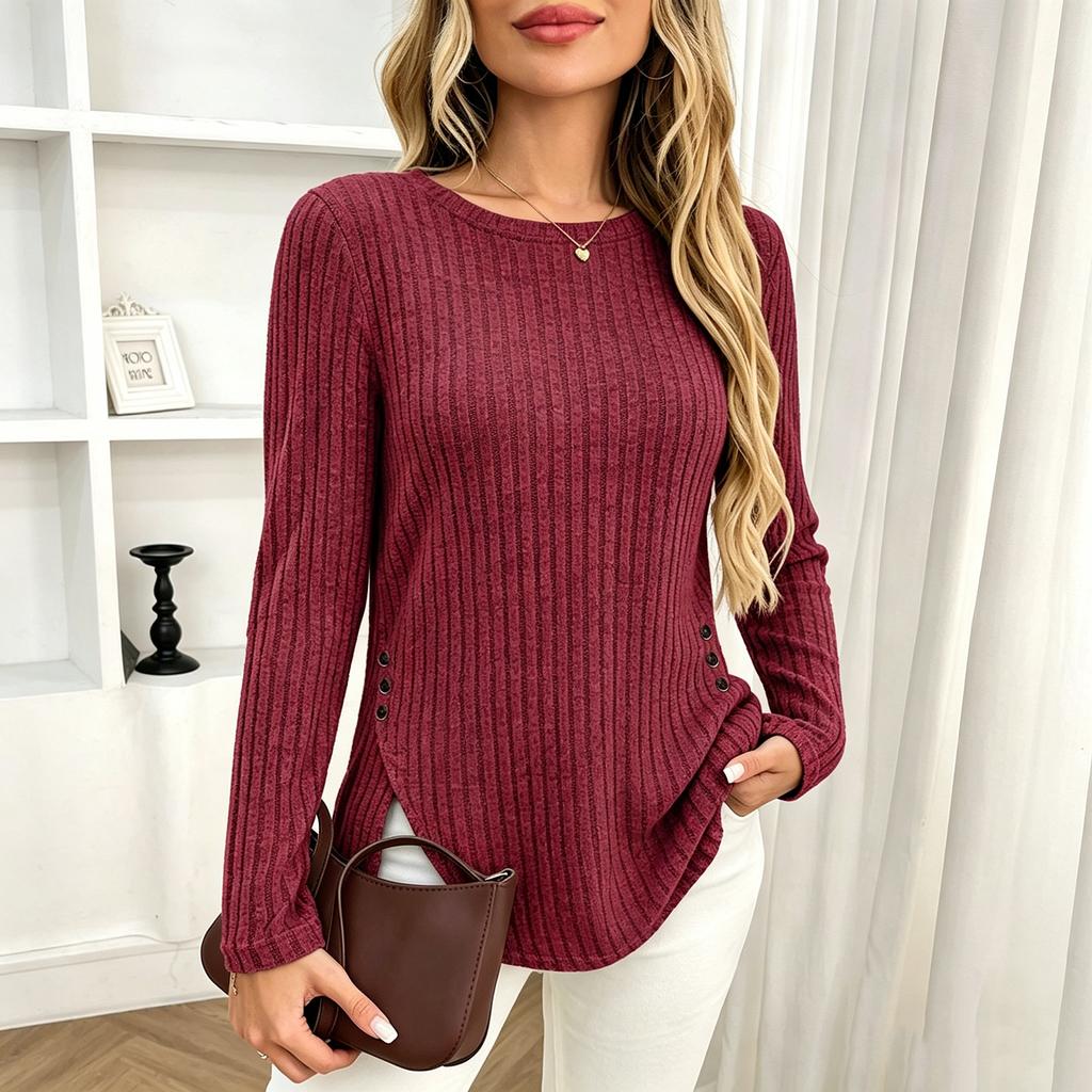 Women Fashion Casual Ribbed Knit Round Neck Long Sleeve Button Detail Top Pullover Shirt Slim Fit Lightweight Soft Fabric