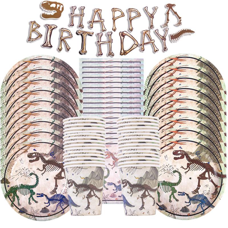 Vaisselle Jetable Thème Fossile Dinosaure Ballons en Aluminium Dino Guirlande Bannière Joyeux Anniversaire Garçon Fournitures Fête Anniversaire Dinosaure