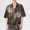 Men's Vintage Distressed Abstract Print Oversized Short Sleeve Button Down Shirt Casual Streetwear Top