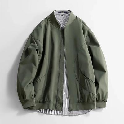 Men's Spring Jacket Casual Stand Collar Baseball Jacket Solid Color Trendy Long Sleeve Zipper Windbreak Pocket Outwear