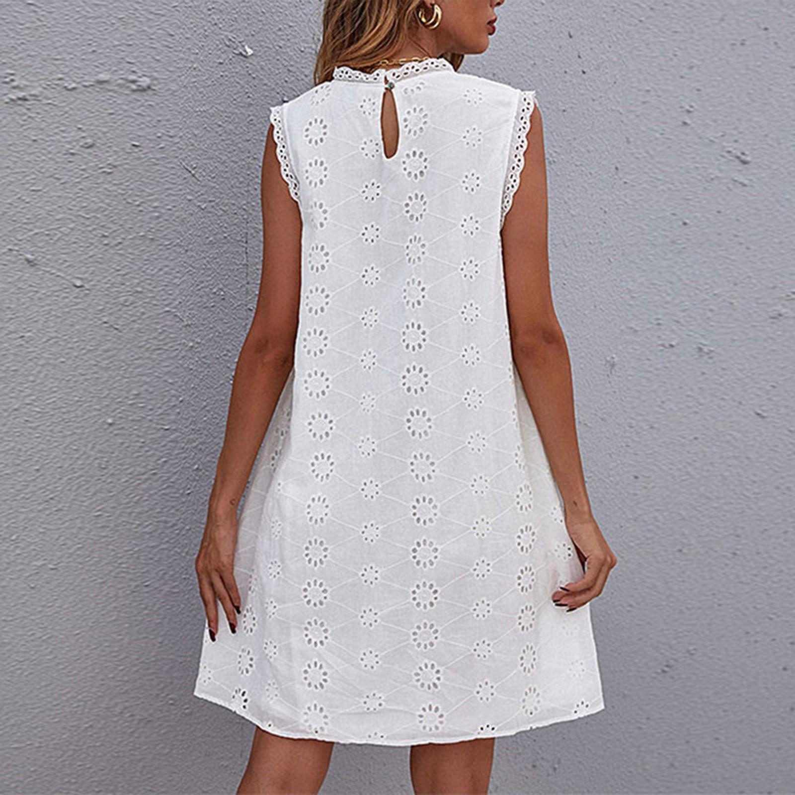 Женское однотонное кружевное платье без рукавов с цветочным принтом и полым свободным — фото 3