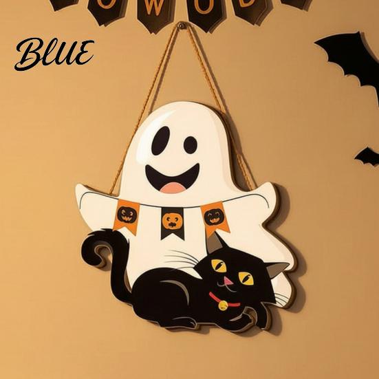 Boho Halloween Room Decoration Cute White Ghost Wooden Door Hanger Sign with Black Cat BOO Spooky Ornament Banner Waterproof Front Plaque for
