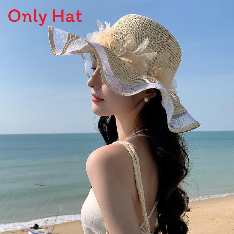 Summer Pearl Floral Straw Hat With Wide Brim For Outdoor Travel Sun Protection