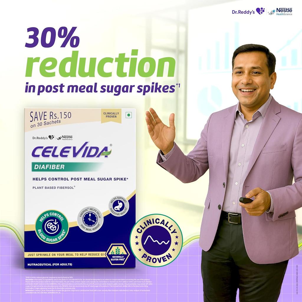 Celevida Diafiber Diabetes Care Supplement | 100% Plant-Based Fibersol for Post Meal Sugar Control | 360g, 30 Sachets Pack of 1