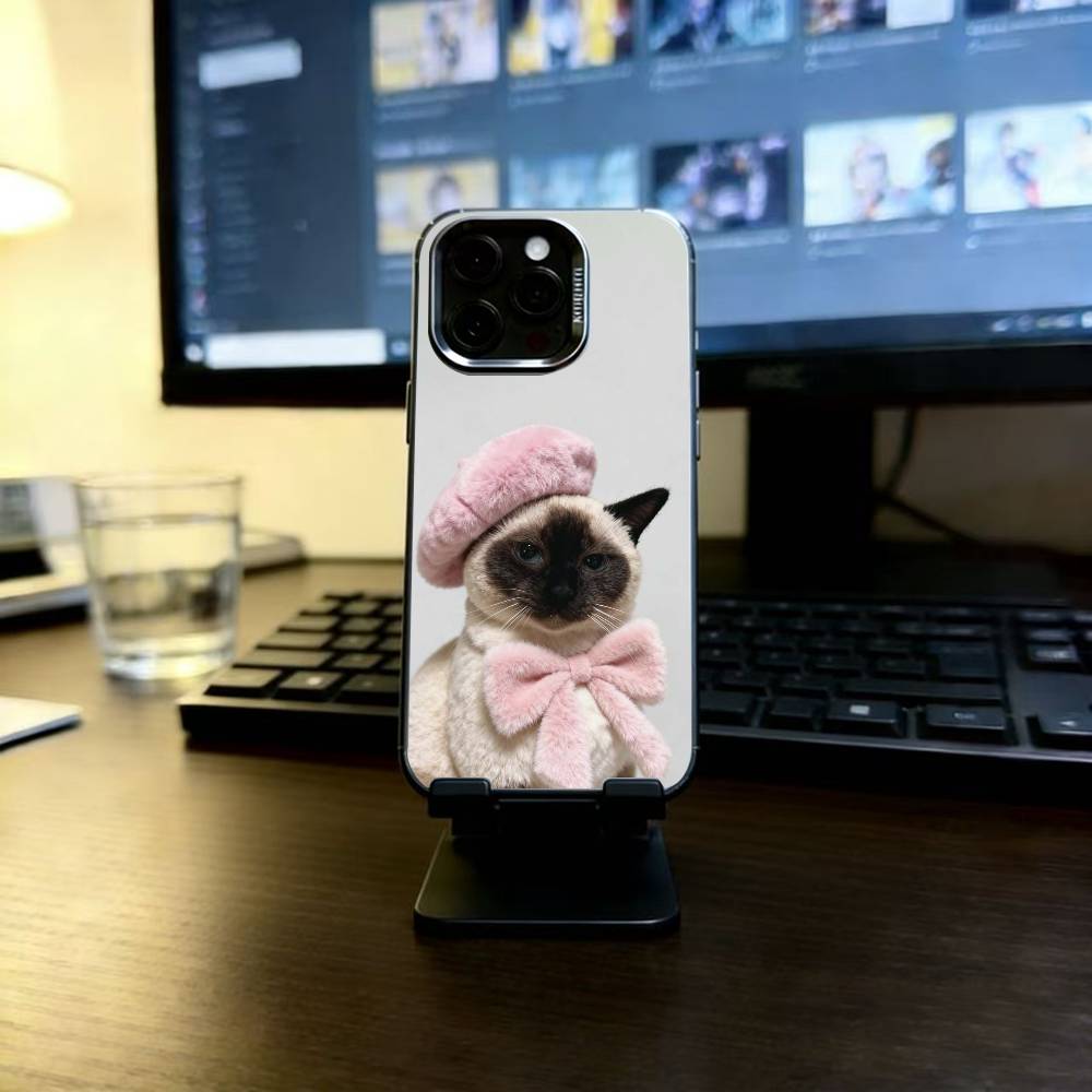 S-Siamese Cat Cute Phone Case For iPhone 17,16,15,14,13,12,11 Plus,Pro Max,XS,Colored Silver Plated Inside Cover