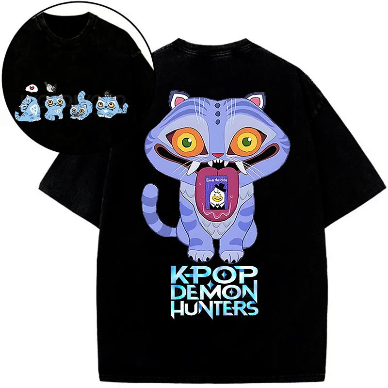 Women Derpy Tiger Hot Movie Print Shirts for Women Cartoon Anime Washed Cotton Tee K-Pop Demon Hunters Tiger T-shirt Tops
