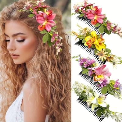 New Bohemian Dai-Style Simulated Fabric Solid Color Hawaiian Daisy Flower Hair Comb Headpiece Suitable for Beach Vacation Photo Shoots