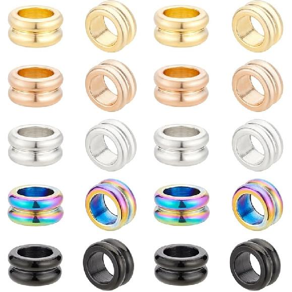 UNICRAFTALE 30Pcs 5 Colors Paracord Bead Stainless Steel Grooved Beads Column Lanyard Spacer Beads 8x4mm Beads 5mm Large Hole Beads Metal Bracelet