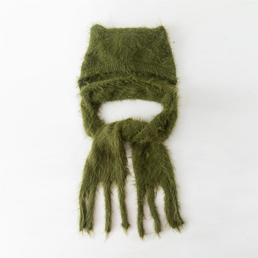 Bear ears wool hat women's autumn and winter thermal belt scarf cover cold hat simple and fashionable ear protection plush knitted hat
