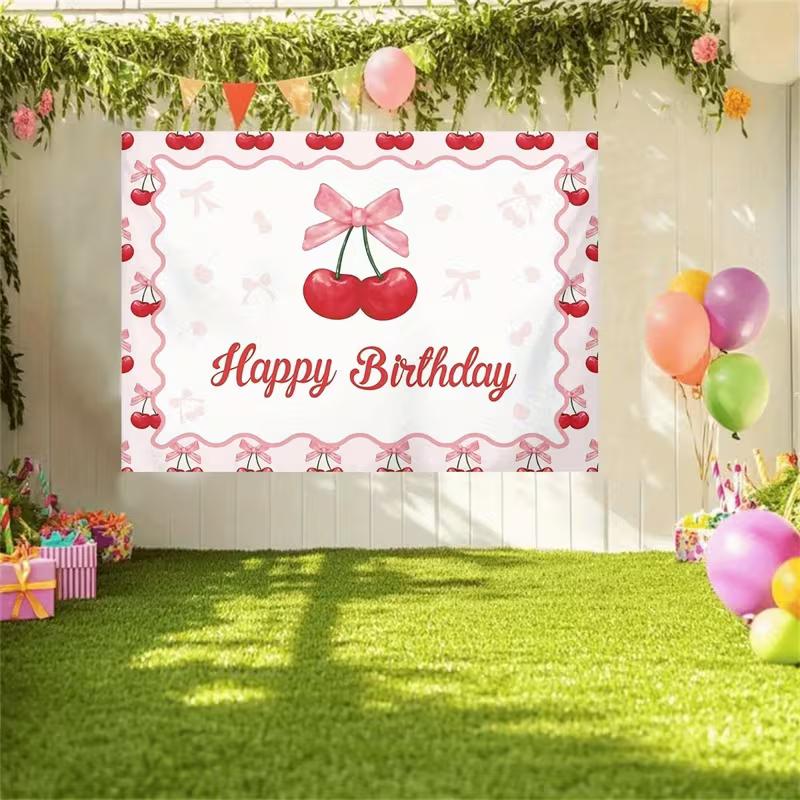 2D Watercolor Cherry with Pink Bow Happy Birthday Backdrop