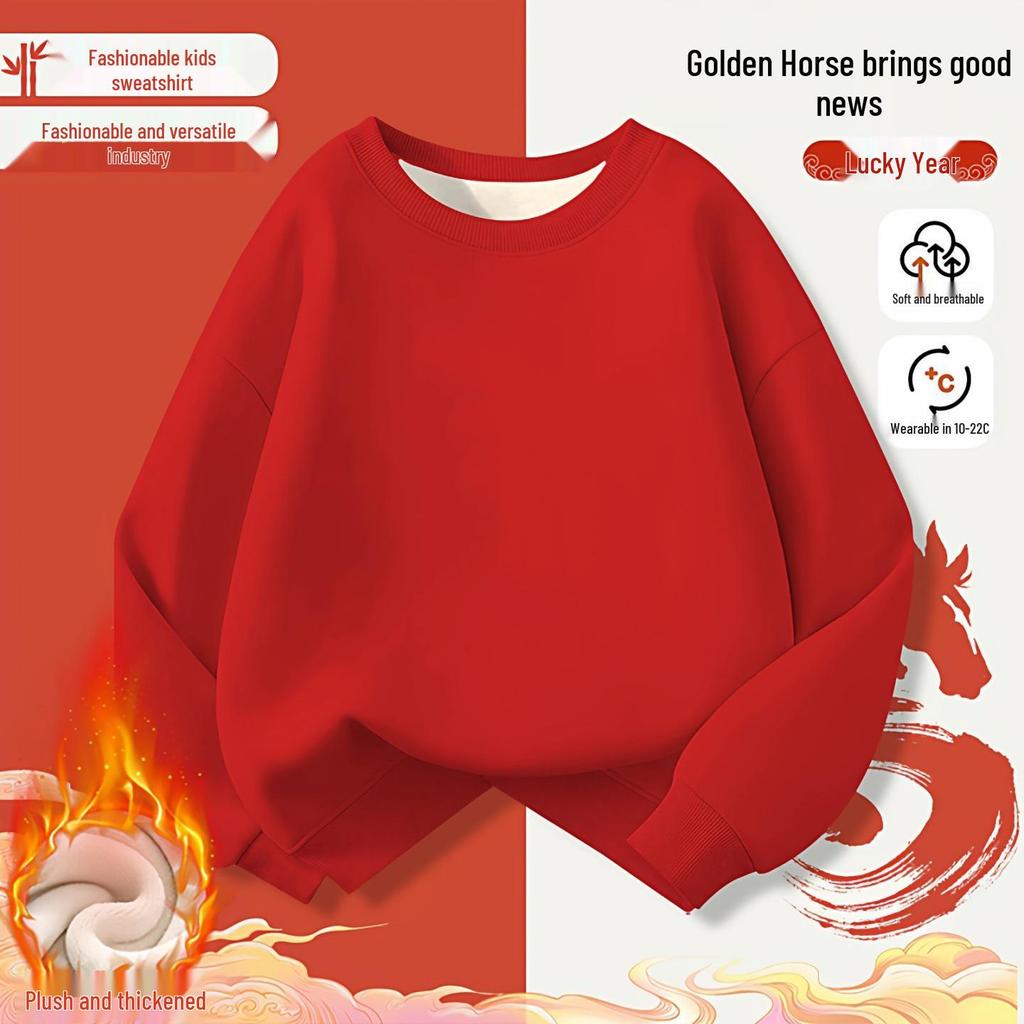 Kid's Fleece-Lined Hoodie for Autumn/Winter - Loose Round Neck, Year of the Horse Zodiac, Red, 2026 Collection