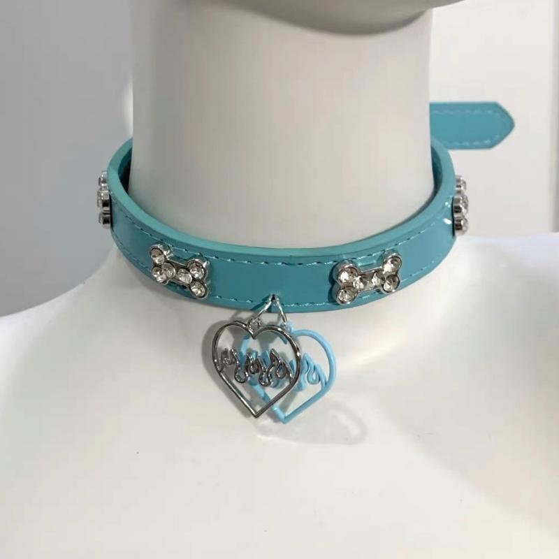 Y2K Bling Rhinestones Dog Bone Hollow Heart Charm Choker Trendy Punk PU Leather Necklace Sweet Cool Girls Jewelry Accessories