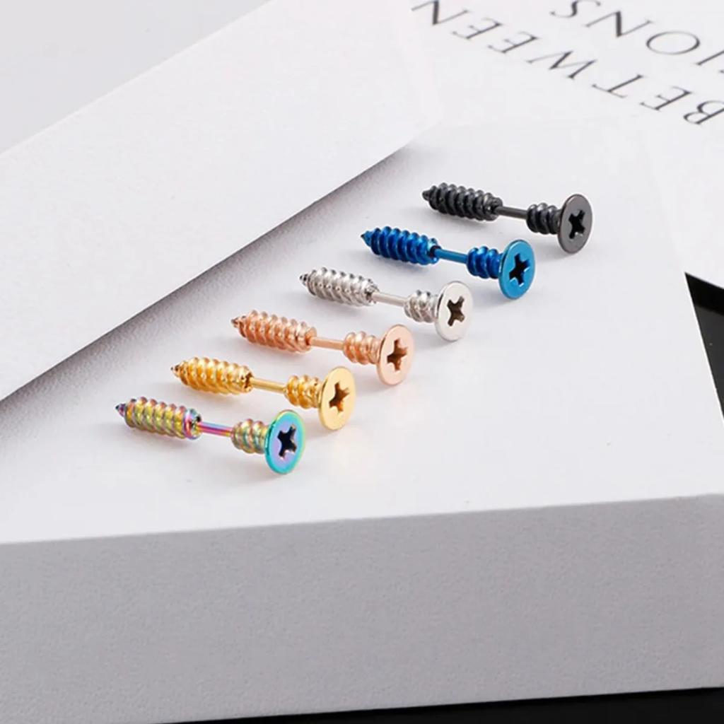2Pcs Women Men Earrings Stainless Steel Piercing Nail Screw Stud Earrings Punk Rock Helix Ear Piercings Spiral Zircon