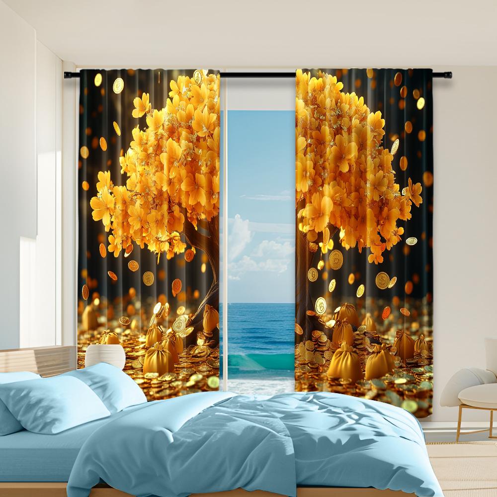 

2 pcs, versatile polyester transparent curtains for home decoration Tree of Life Gold Currency and Dollars for use in bedrooms 29x65in(75x166cm)