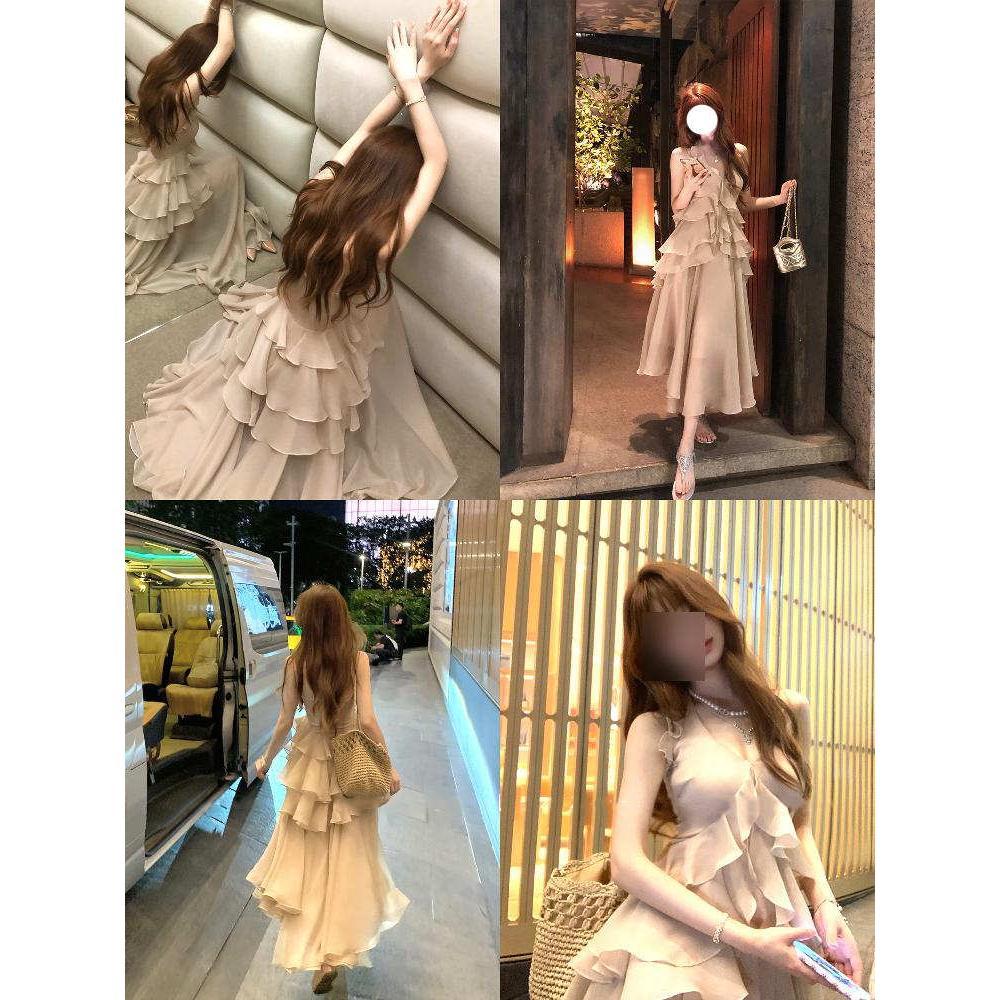 

Отпускное розовое масло живопись цветочный V-образный вырез халтер платье нерегулярный красивый уникальный талия А-силуэт длинная юбка лето XL- (recommended 110-60kg)