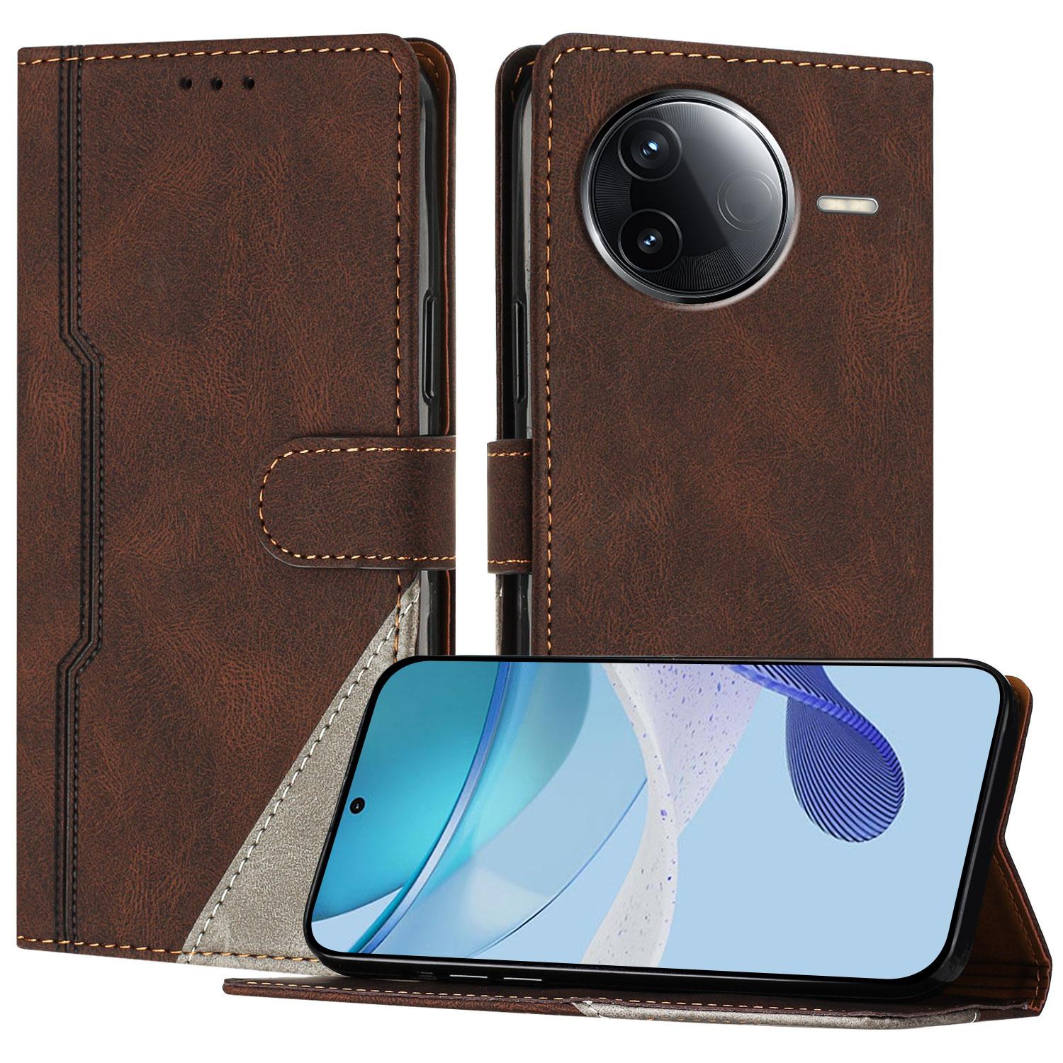 

For Xiaomi Redmi K80 5G Leather Case Triangle Patchwork Wallet Stand Shockproof Phone Cover Brown