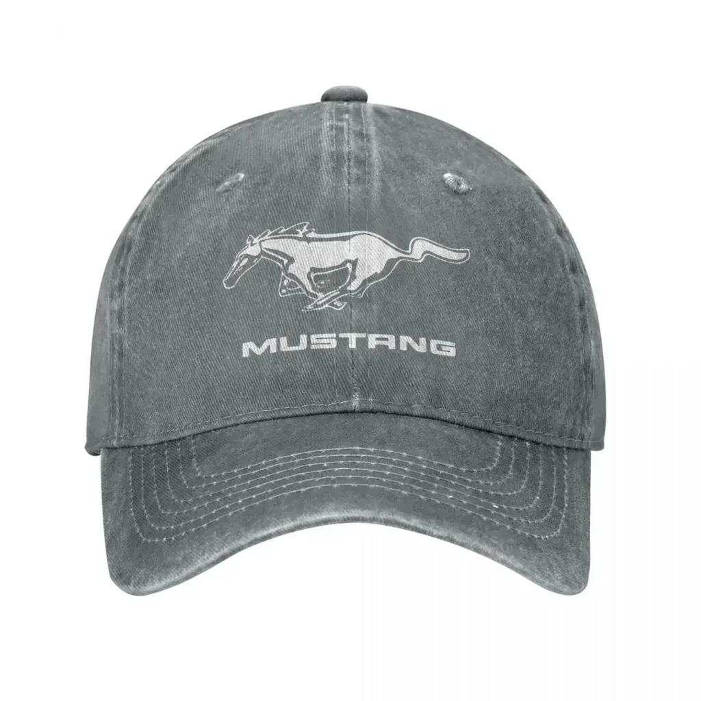 Klassische Mustang Logo Baseballkappe für Unisex Damen Used Denim Gewaschen Snapback Hut Weißes Pferd Unstrukturiert Weiche Kappen Mütze