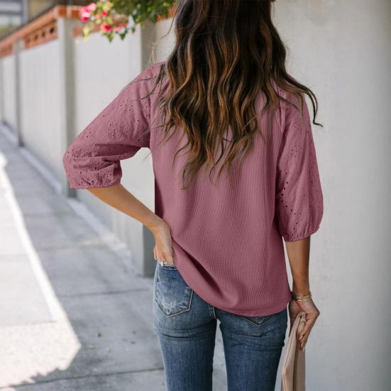 Women T-shirt V-Neck Jacquard Decor 3/4 Sleeves Pullover Tops Solid Color Loose Fit Tops Party Daily Wear