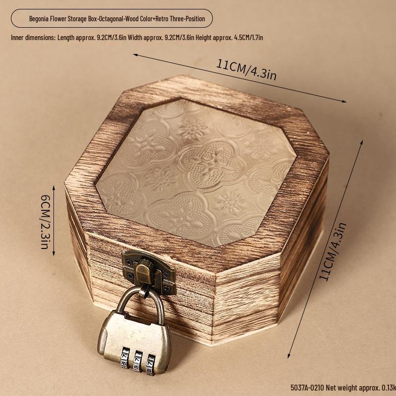 Retro Begonia Glass Lid Wooden Storage Box for Cosmetics, Snacks, Candy, and Documents - Dustproof and Multifunctional