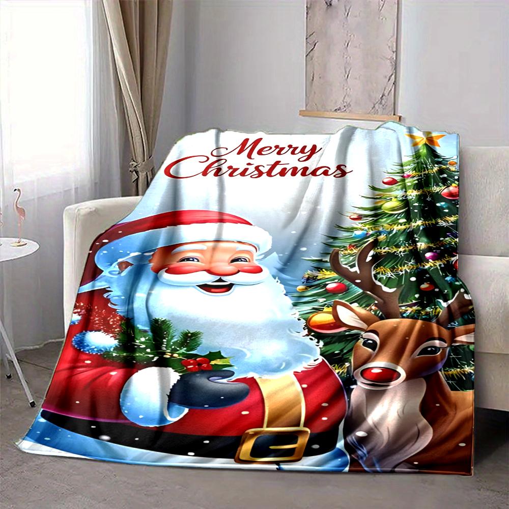 1Pc Christmas Santa Reindeer Flannel Blanket, Soft And Comfortable, Casual Warm, Camping Travel, Christmas, Halloween Xmas Gift. G1125