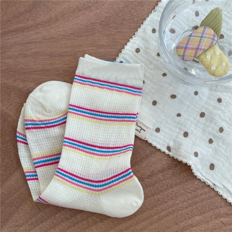 Girls Colorful Polka Dot Striped Socks Kids Mid Calf Socks Ins Trendy Pure Cotton Summer Thin Mesh Breathable Long Spring Summer