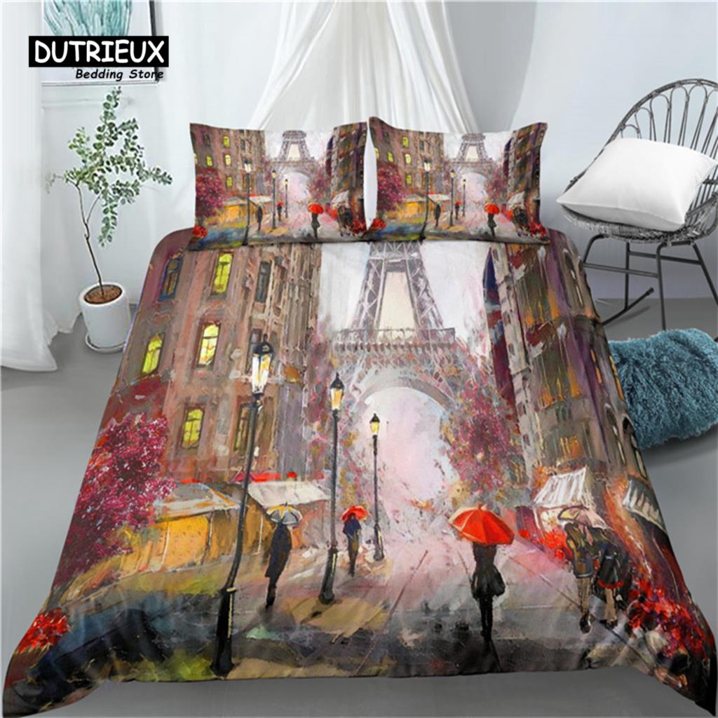 

Luxury 3D Design Dreamy Paris Printed Style Home Use Living 2/3Pcs Gentle Quilt Cover Kit PillowCase Kids Sleep Bedding Kit Queen Size and King Size EU single(135x200cm)