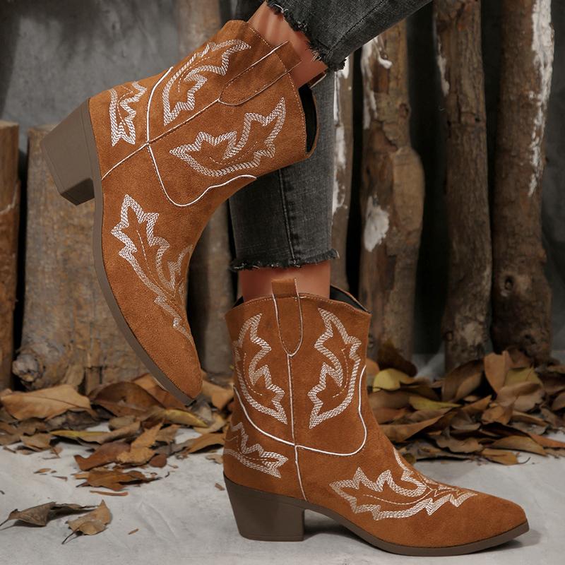 Fashion Vintage Embroidery Pattern Boots Women 2025 Square Heel Pointed Toe Ankle Boots Woman Comfortable Faux Suede Booties Mujer