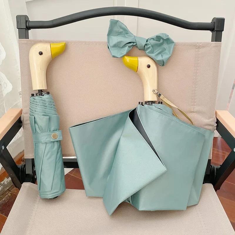 

INS Cartoon Duck Handle Umbrella Dual-use Sunny Rainy UV Protection Foldable Parasol Rain Gear Windproof Strong Stand Sunshade metal-fiber composite&8K темно-зеленого