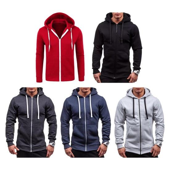Fall Winter Men Jacket Hooded Drawstring Zip-up Long Sleeves Solid Color Cardigan Elastic Cuff Pockets Mid