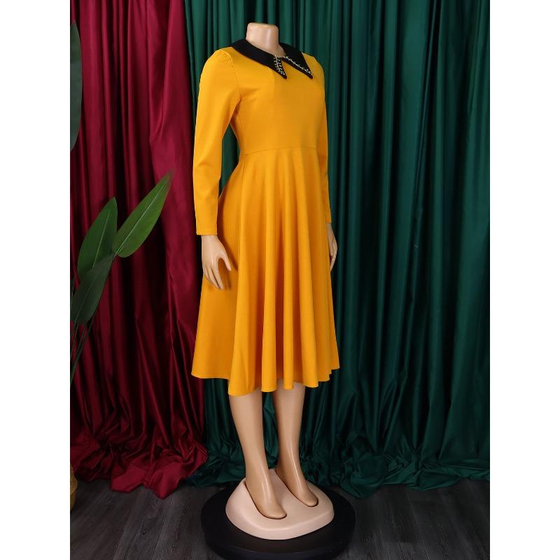 YYFS Moda damska Wiosna Jesień Jednolity kolor Nadruk Długi rękaw POLO Dekolt Wysoki stan Sukienki codzienne