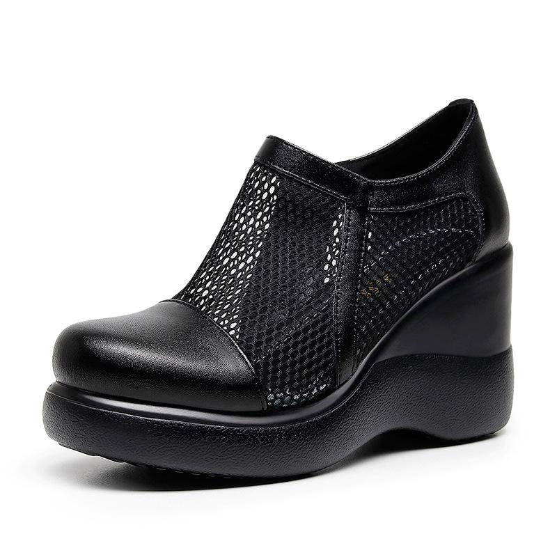 

8 см Маленький размер 32-43 Дышащие Удобные Туфли из кожи с вырезами и сеткой Туфли-платформы 2025 Лето Осень Высокий каблук Клинья Обувь 43 чёрный