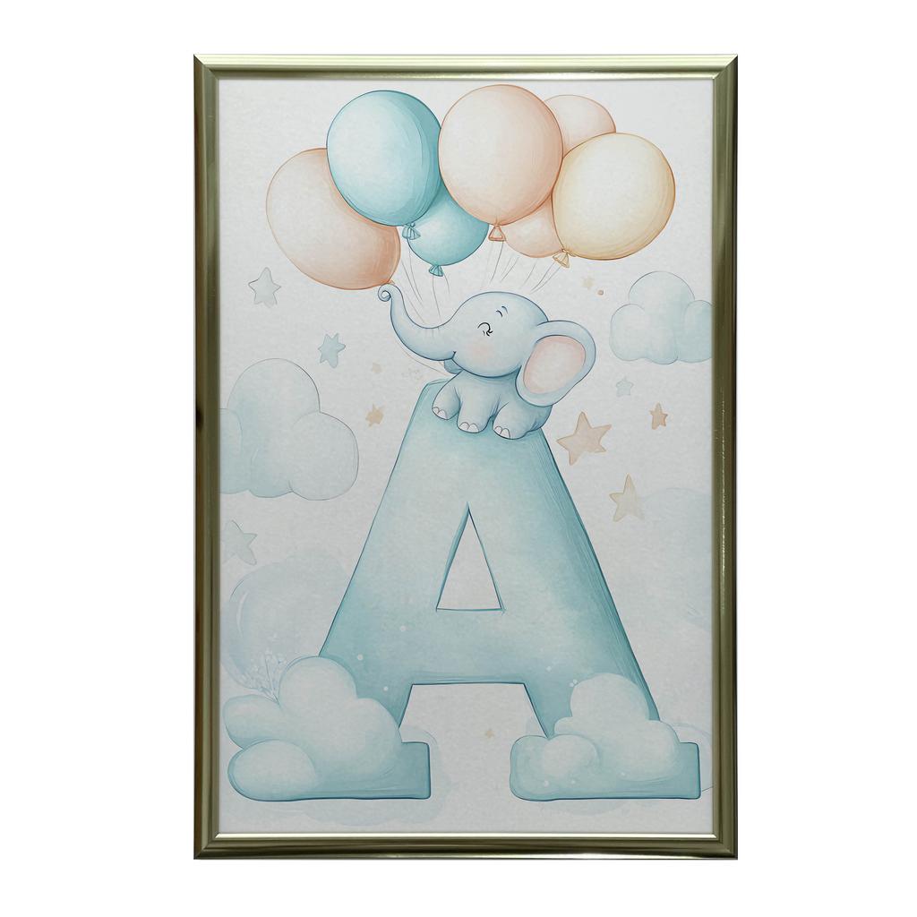 Elephant Charm - Poster "A" With Balloons Elephant Charm - Poster "A" With Balloons, 30X40 Cm, Wooden Frame Light Oak, Matte Paper 230 Gsm