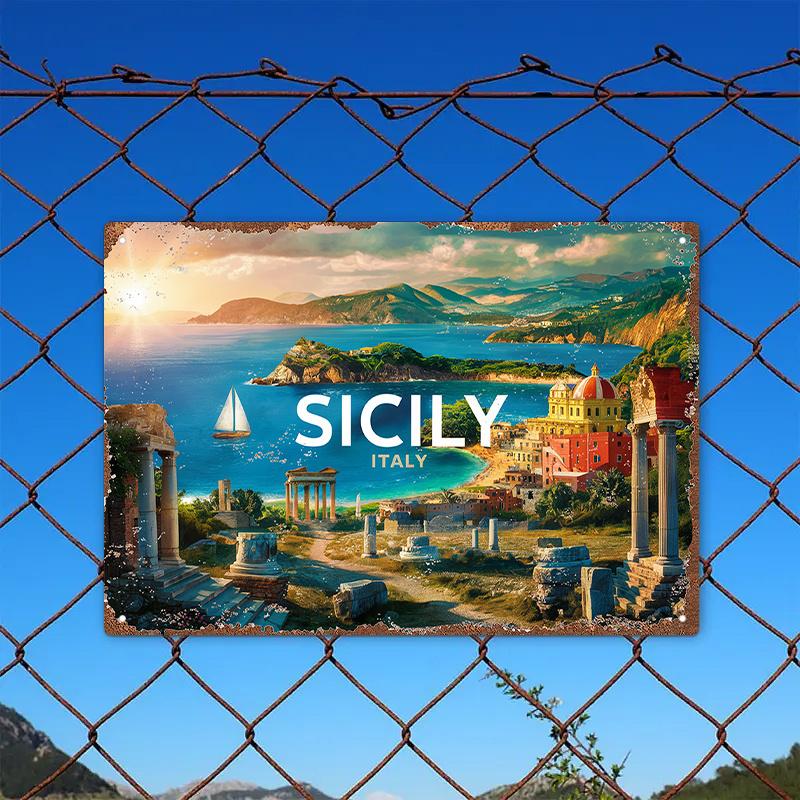 

VintageStyle Sicily Italy Iron Wall Art Sign Ancient Ruins Coastal Views Scenic Landscape Decor for Home Office or Gi 20x30cm（7.8x11.8inch）