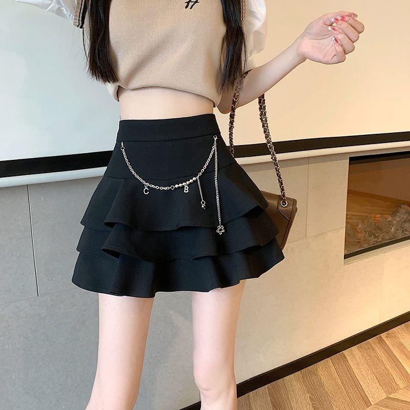 Ruffles Chain Skirt Women High Waist Elegant Mini Skirts Korean Female Slim Sweet Ball Gown Black Skirt