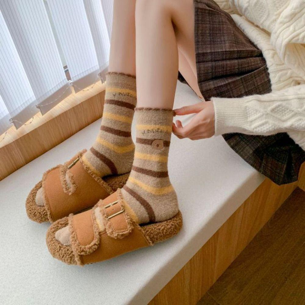 1Pair Cartoon Winter Socks Soft Middle Tube Socks Cute Floor Sleep Socks  for Woman Girls