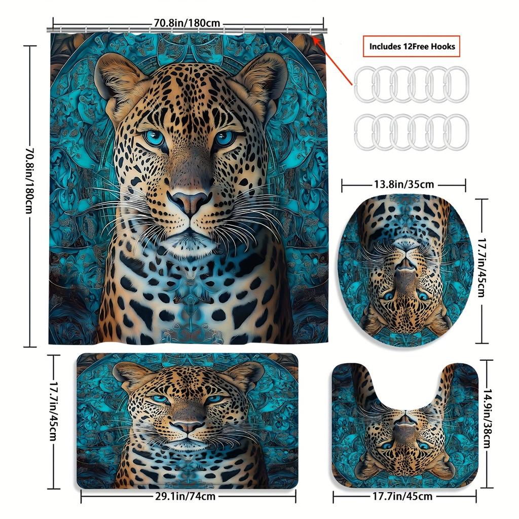 Sophisticated Leopard Print Bathroom Decor Set - Waterproof Shower Curtain, Soft Floor Mats, Toilet Lid Cover, And Contour Mat