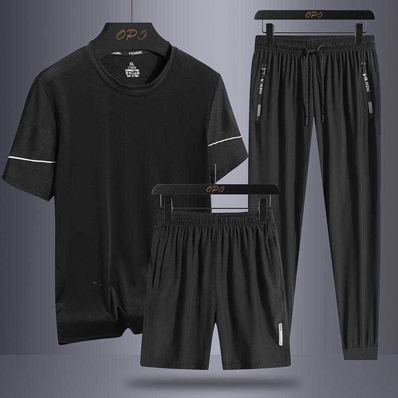 Short Sleeved Three Piece Set for Men's Breathable Mesh Cooling Casual Sports Suit for Men